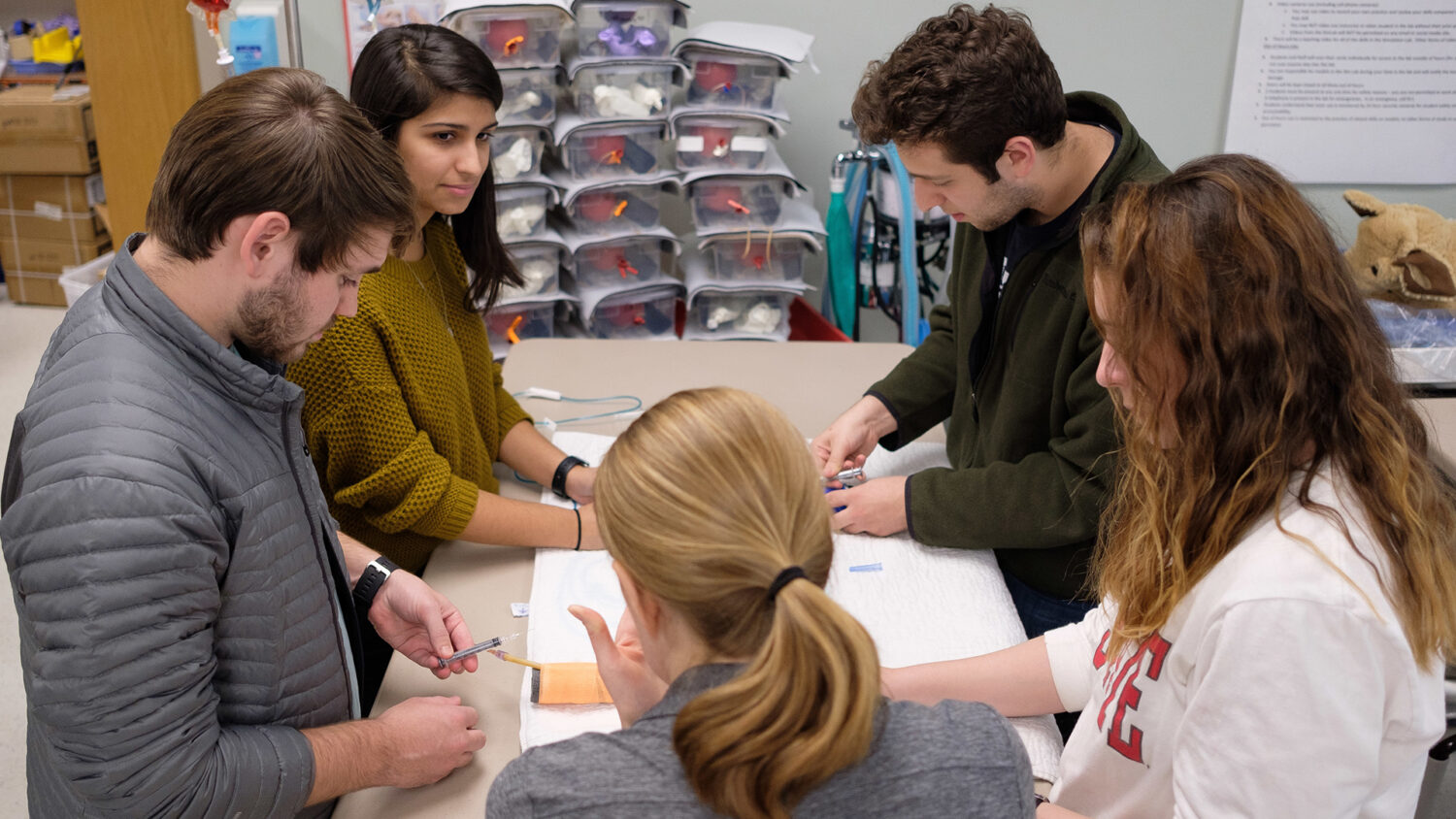 A group of students work together as a group for their Surgery Selective course.